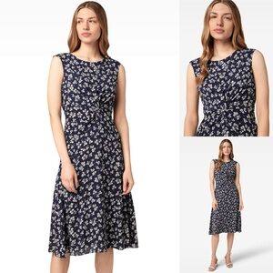 RALPH LAUREN Twist Front Crepe Dress A-Line Leaf-Print Round Neck Lined Navy